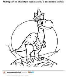 Oviraptor na skalistym wzniesieniu o zachodzie słońca — kolorowanka do wydruku dla dzieci