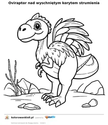 Oviraptor nad wyschniętym korytem strumienia — kolorowanka do wydruku dla dzieci