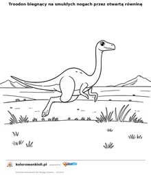 Troodon biegnący na smukłych nogach przez otwartą równinę — kolorowanka do wydruku dla dzieci