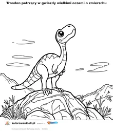 Troodon patrzący w gwiazdy wielkimi oczami o zmierzchu — kolorowanka do wydruku dla dzieci