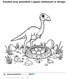Troodon przy gnieździe z jajami ułożonymi w okręgu — kolorowanka do wydruku dla dzieci