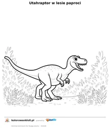 Utahraptor w lesie paproci — kolorowanka do wydruku dla dzieci