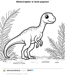 Welociraptor w lesie paproci — kolorowanka do wydruku dla dzieci