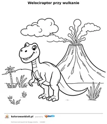 Welociraptor przy wulkanie — kolorowanka do wydruku dla dzieci