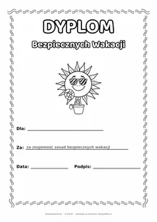 Dyplom bezpieczne wakacje: słońce w okularach — do druku i kolorowania A4, pola na imię, datę i podpis