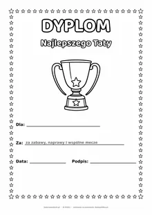 Dyplom dla najlepszego taty: puchar — do druku i kolorowania A4, pola na imię, datę i podpis