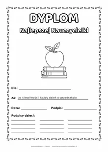 Dyplom dla najlepszej nauczycielki: jabłko i książki — do druku i kolorowania A4, pola na imię, datę i podpis