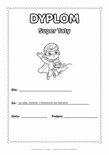 Dyplom dla super taty: super tata w pelerynie — do druku i kolorowania A4, pola na imię, datę i podpis