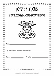 Dyplom dzielnego przedszkolaka: medal z gwiazdą — do druku i kolorowania A4, pola na imię, datę i podpis