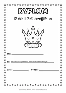 Dyplom króla i królowej balu: korona — do druku i kolorowania A4, pola na imię, datę i podpis