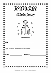 Dyplom mikołajkowy dla przedszkolaka: czapka Mikołaja — do druku i kolorowania A4, pola na imię, datę i podpis