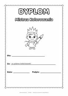 Dyplom mistrza kolorowania: korona i kredka — do druku i kolorowania A4, pola na imię, datę i podpis