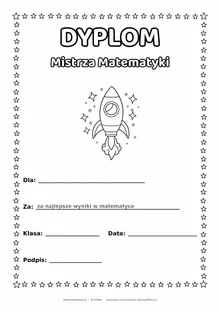 Dyplom mistrza matematyki: rakieta z gwiazdkami — do druku i kolorowania A4, pola na imię, datę i podpis