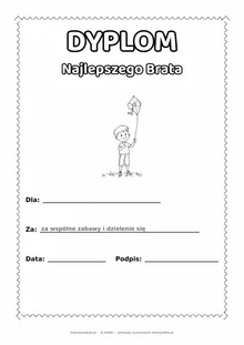 Dyplom dla najlepszego brata: latawiec — do druku i kolorowania A4, pola na imię, datę i podpis