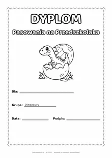 Dyplom pasowania na przedszkolaka dla grupy Dinozaury — do druku i kolorowania A4, pola na imię i datę