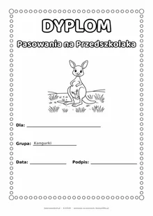 Dyplom pasowania na przedszkolaka dla grupy Kangurki — do druku i kolorowania A4, pola na imię i datę