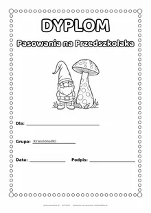 Dyplom pasowania na przedszkolaka dla grupy Krasnoludki — do druku i kolorowania A4, pola na imię i datę
