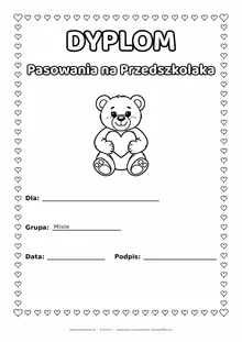 Dyplom pasowania na przedszkolaka dla grupy Misie — do druku i kolorowania A4, pola na imię i datę