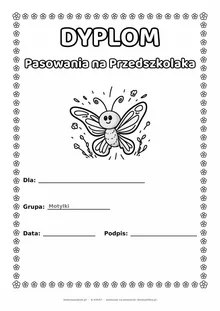 Dyplom pasowania na przedszkolaka dla grupy Motylki — do druku i kolorowania A4, pola na imię i datę