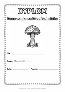 Dyplom pasowania na przedszkolaka dla grupy Muchomorki — do druku i kolorowania A4, pola na imię i datę