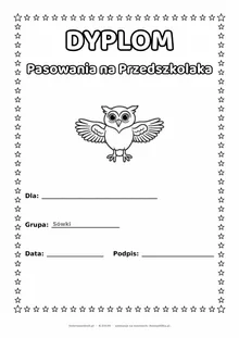 Dyplom pasowania na przedszkolaka dla grupy Sówki — do druku i kolorowania A4, pola na imię i datę