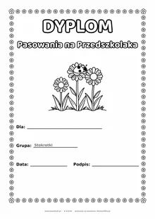 Dyplom pasowania na przedszkolaka dla grupy Stokrotki — do druku i kolorowania A4, pola na imię i datę