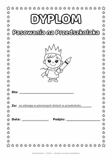 Dyplom pasowania na przedszkolaka: korona i kredka — do druku i kolorowania A4, pola na imię, datę i podpis