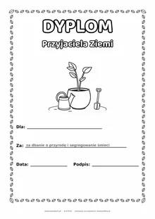 Dyplom przyjaciela Ziemi: sadzonka z konewką — do druku i kolorowania A4, pola na imię, datę i podpis