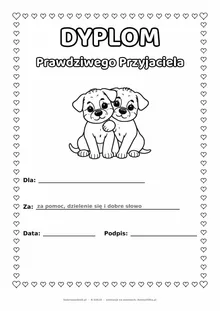 Dyplom przyjaciela: dwa pieski — do druku i kolorowania A4, pola na imię, datę i podpis
