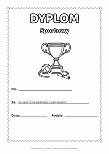Dyplom sportowy: puchar z piłką i skakanką — do druku i kolorowania A4, pola na imię, datę i podpis