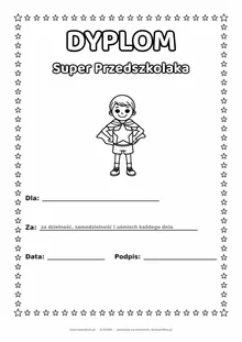 Dyplom super przedszkolaka: przedszkolak w pelerynie — do druku i kolorowania A4, pola na imię, datę i podpis