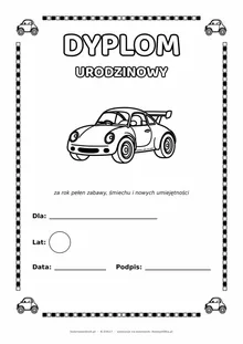 Dyplom urodzinowy z autami do pokolorowania — pole na imię, wiek, datę i podpis, A4