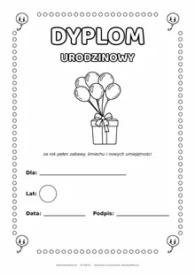 Dyplom urodzinowy z balonami do pokolorowania — pole na imię, wiek, datę i podpis, A4