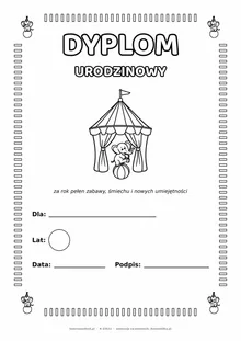 Dyplom urodzinowy z cyrkowym namiotem do pokolorowania — pole na imię, wiek, datę i podpis, A4