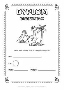 Dyplom urodzinowy z dinozaurami do pokolorowania — pole na imię, wiek, datę i podpis, A4