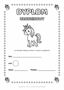Dyplom urodzinowy z jednorożcem do pokolorowania — pole na imię, wiek, datę i podpis, A4
