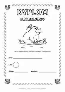 Dyplom urodzinowy z kapibarą do pokolorowania — pole na imię, wiek, datę i podpis, A4