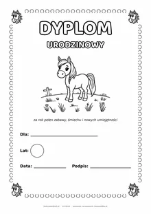 Dyplom urodzinowy z koniem do pokolorowania — pole na imię, wiek, datę i podpis, A4