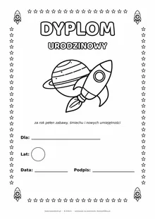 Dyplom urodzinowy z rakietą i planetami do pokolorowania — pole na imię, wiek, datę i podpis, A4