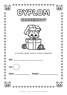 Dyplom urodzinowy z kotem do pokolorowania — pole na imię, wiek, datę i podpis, A4