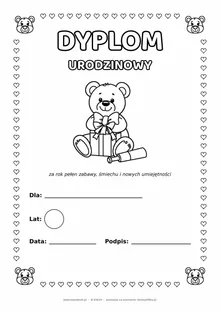 Dyplom urodzinowy z misiem do pokolorowania — pole na imię, wiek, datę i podpis, A4