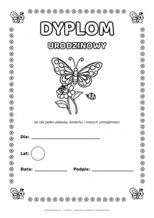 Dyplom urodzinowy z motylami do pokolorowania — pole na imię, wiek, datę i podpis, A4