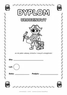 Dyplom urodzinowy z piratem do pokolorowania — pole na imię, wiek, datę i podpis, A4