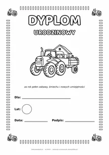 Dyplom urodzinowy z traktorem do pokolorowania — pole na imię, wiek, datę i podpis, A4