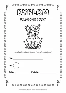 Dyplom urodzinowy z wróżką do pokolorowania — pole na imię, wiek, datę i podpis, A4