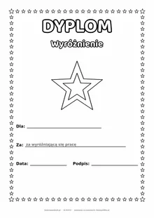 Dyplom wyróżnienie w konkursie: gwiazda — do druku i kolorowania A4, pola na imię, datę i podpis