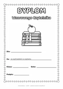 Dyplom wzorowego czytelnika: stos książek — do druku i kolorowania A4, pola na imię, datę i podpis