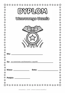 Dyplom wzorowego ucznia: medal z gwiazdą — do druku i kolorowania A4, pola na imię, datę i podpis