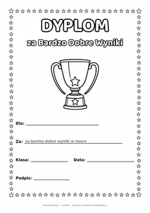 Dyplom za bardzo dobre wyniki w nauce: puchar — do druku i kolorowania A4, pola na imię, datę i podpis