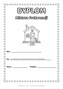 Dyplom za frekwencję w przedszkolu: domek z sercem — do druku i kolorowania A4, pola na imię, datę i podpis